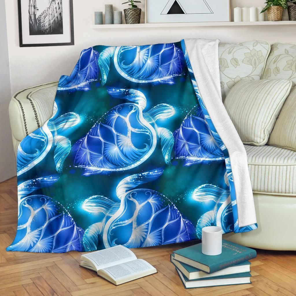 Blue Neon Sea Turtle Printed Fleece Blanket