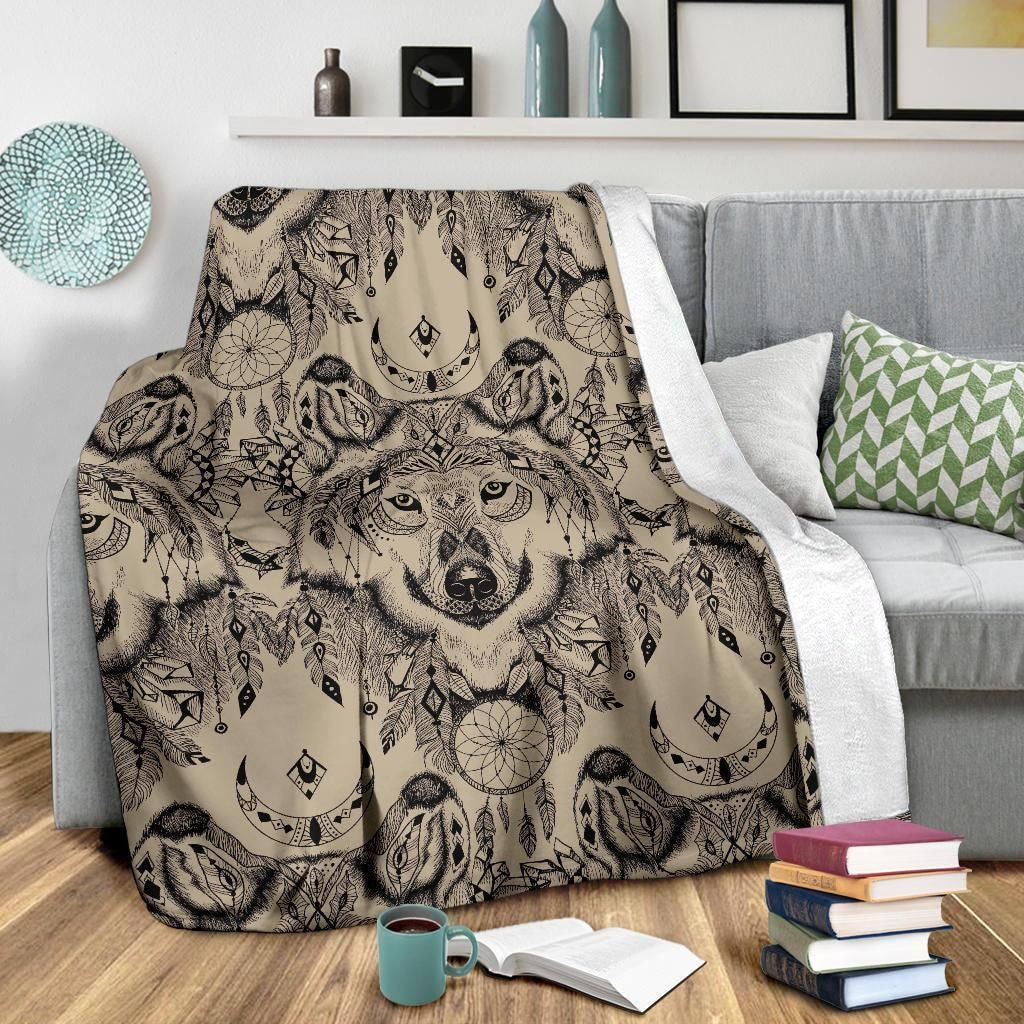 Indian Boho Wolf Dream Catcher Fleece Blanket