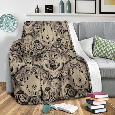 Indian Boho Wolf Dream Catcher Fleece Blanket
