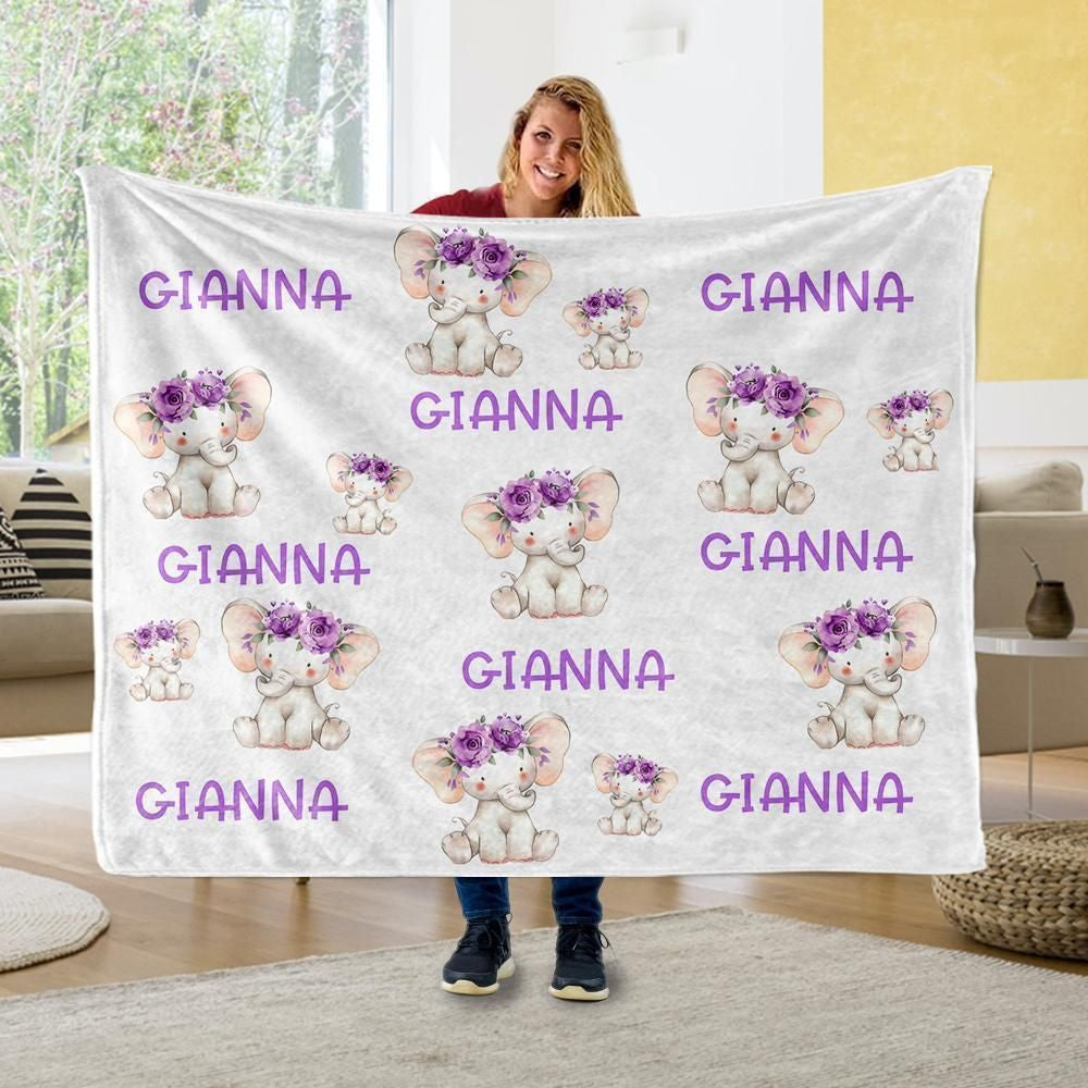 Purple Floral Elephant Gift For Kids Custom Name Fleece Blanket