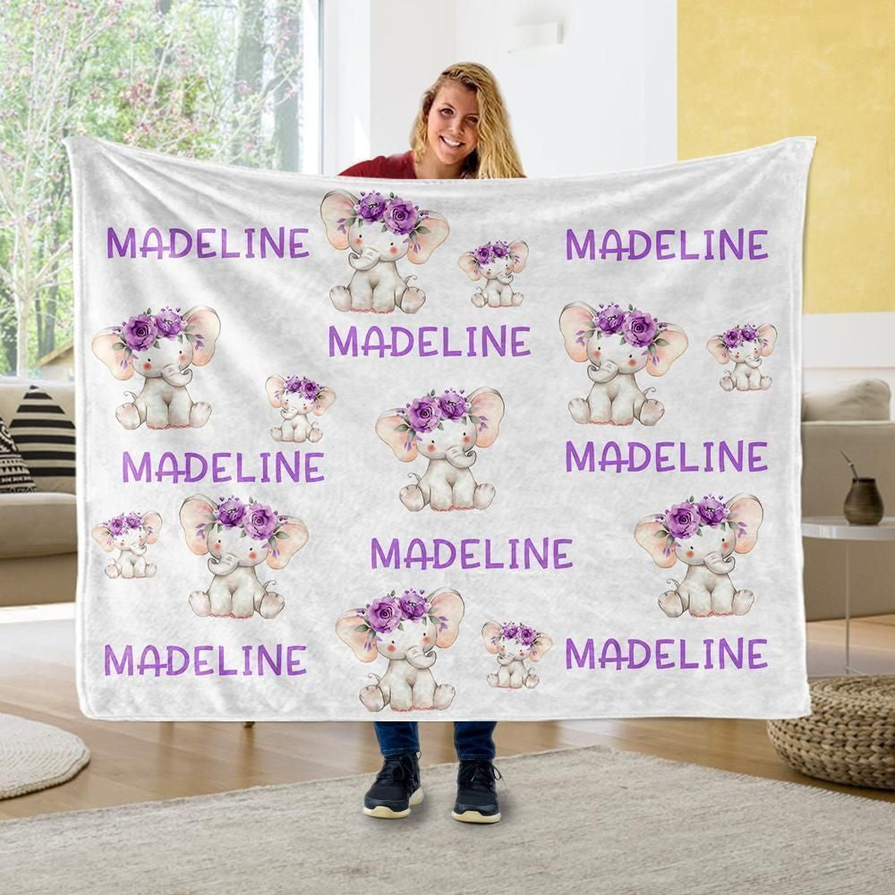 Purple Floral Elephant Gift For Kids Custom Name Fleece Blanket