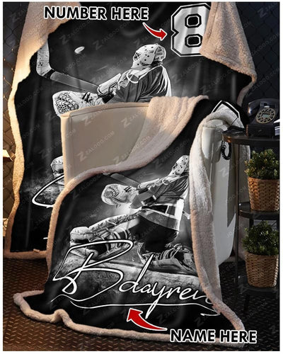 Custom Text Name Number Fleece Blanket Hockey Goalie Black White