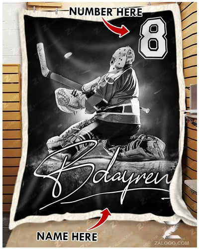 Custom Text Name Number Fleece Blanket Hockey Goalie Black White