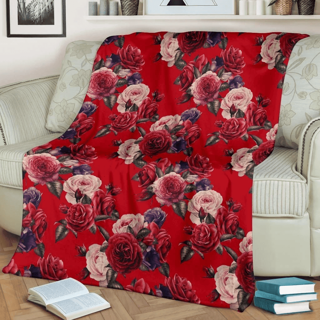 Red Rose Red Background Pattern Print Design Fleece Blanket