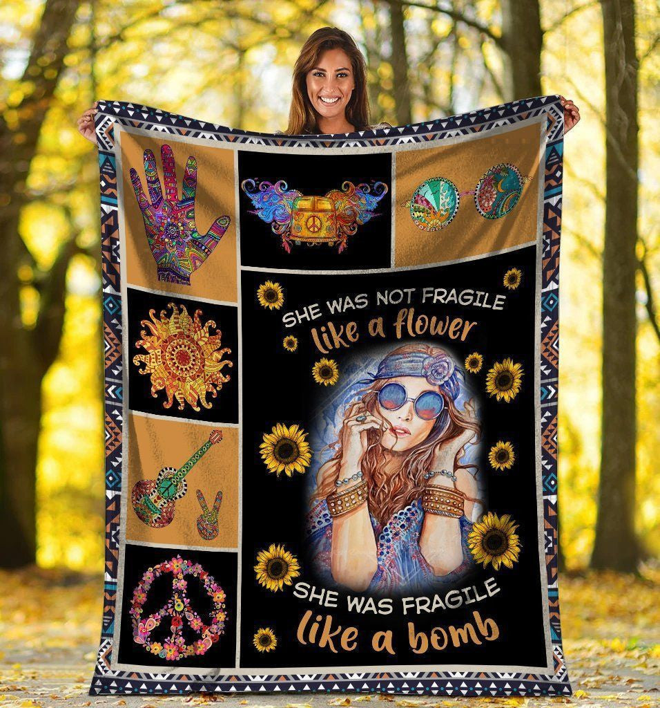 She Not Fragile Like A Flower Sunflower Peace Hippie Girl Fleece Blanket