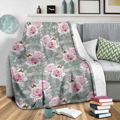 Vintage Rose White Pattern Print Design Fleece Blanket