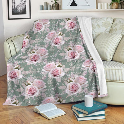 Vintage Rose White Pattern Print Design Fleece Blanket
