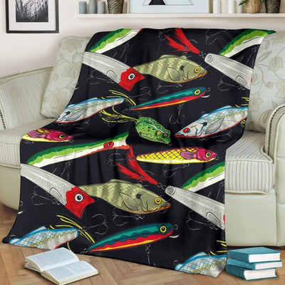 Fishing Bait Print Black Background Fleece Blanket