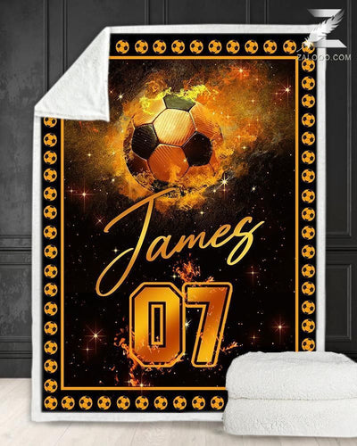 Custom Text Name Number Fleece Blanket Soccer Fire