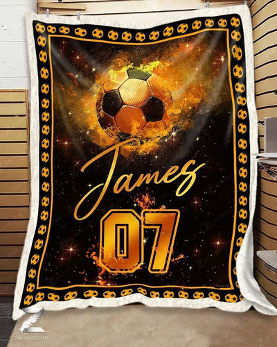 Custom Text Name Number Fleece Blanket Soccer Fire