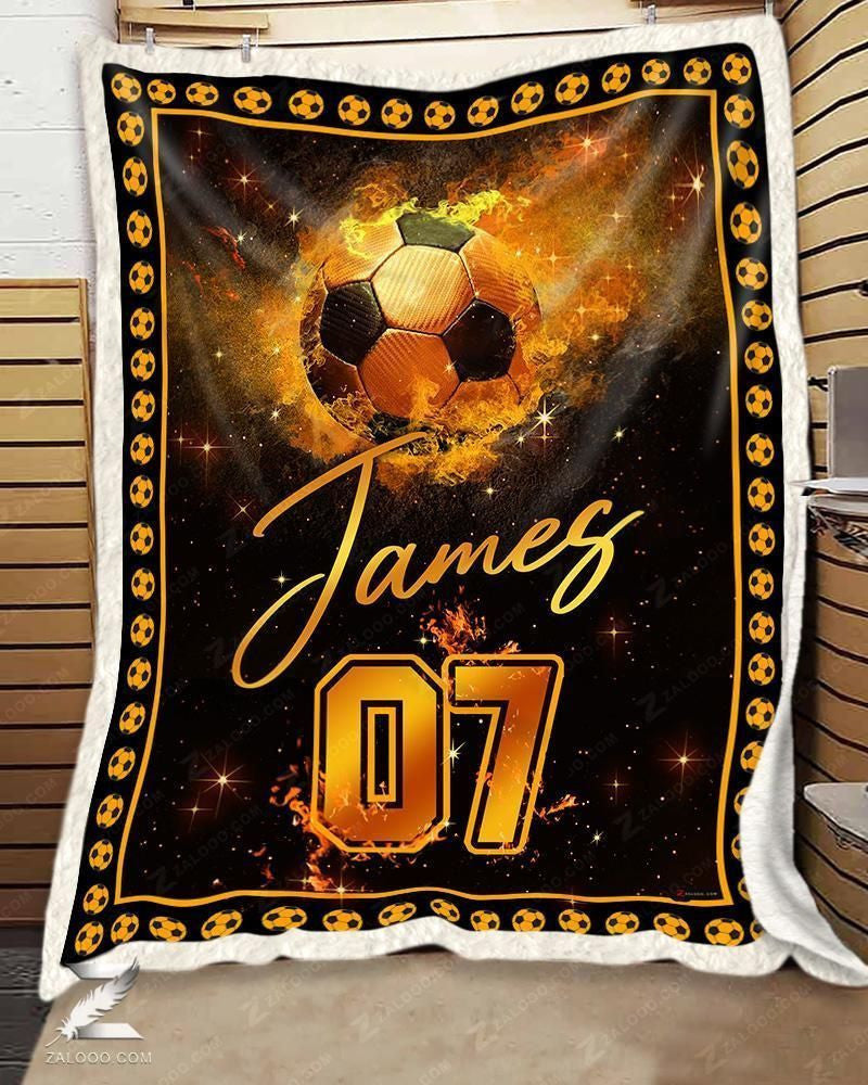 Custom Text Name Number Fleece Blanket Soccer Fire