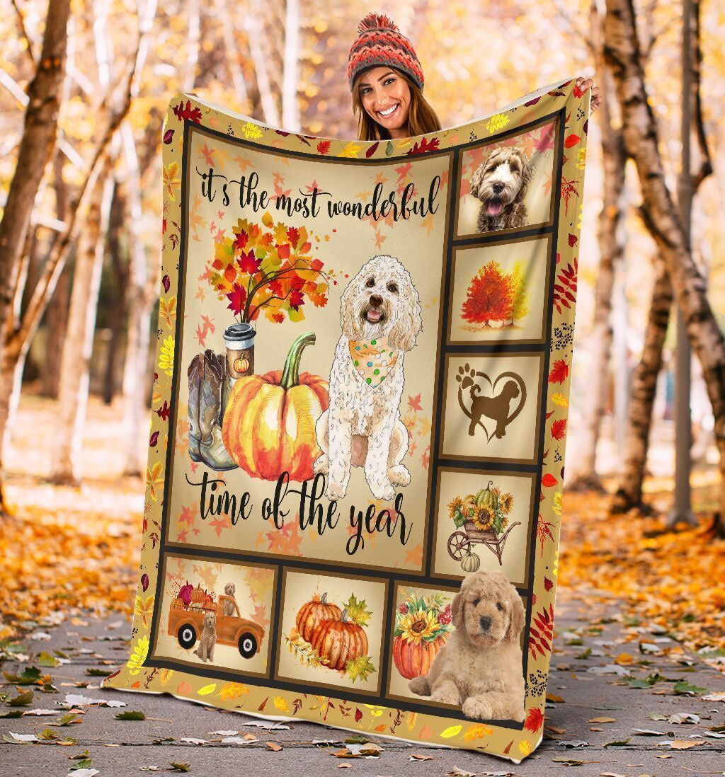 Goldendoodle Autumn Pumpkin Printed Fleece Blanket