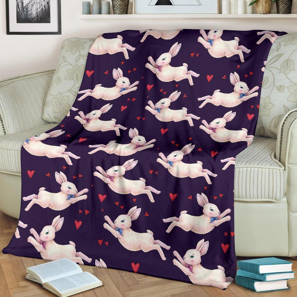 Pink Rabbit Pattern Printed Design Navy Fleece Blanket