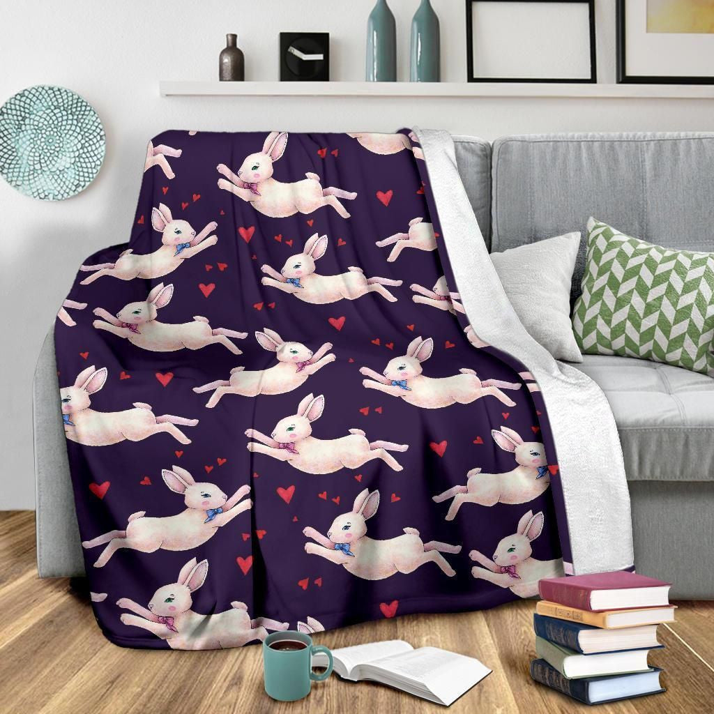 Pink Rabbit Pattern Printed Design Navy Fleece Blanket
