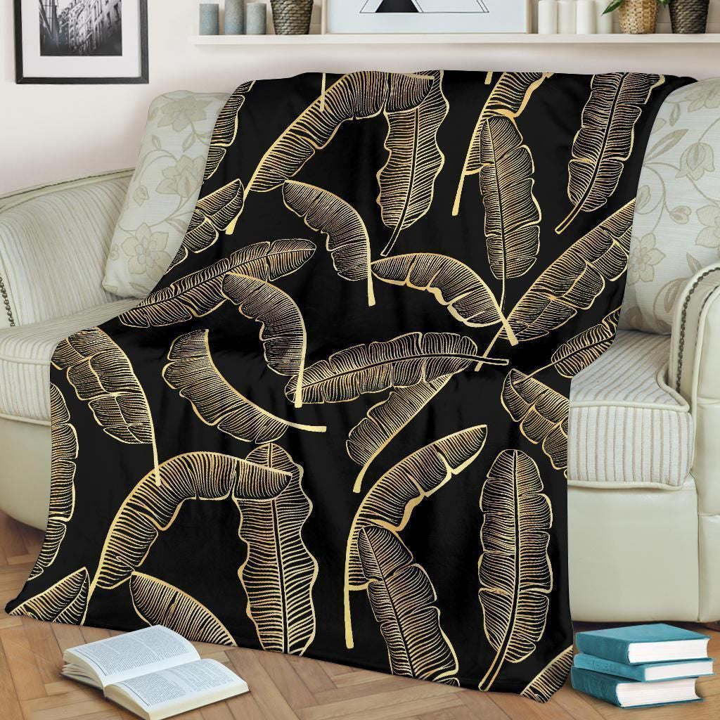 Vintage Banana Leaf Pattern Print Design Black Fleece Blanket