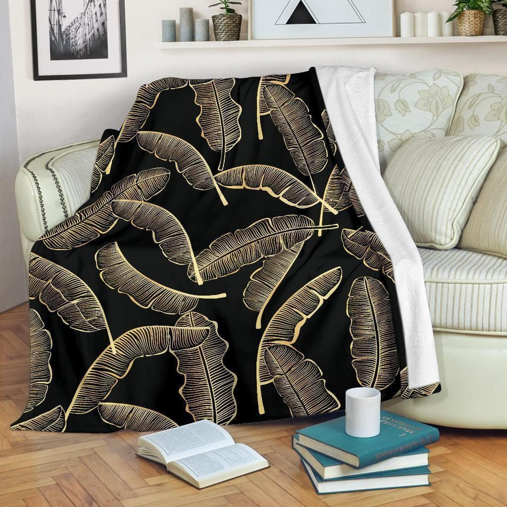 Vintage Banana Leaf Pattern Print Design Black Fleece Blanket