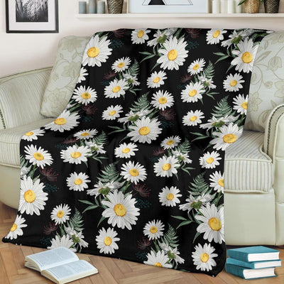 Daisy Flower Pattern In Black Background Printed Fleece Blanket