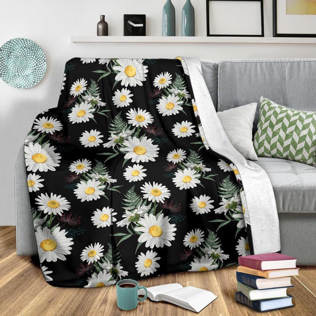 Daisy Flower Pattern In Black Background Printed Fleece Blanket