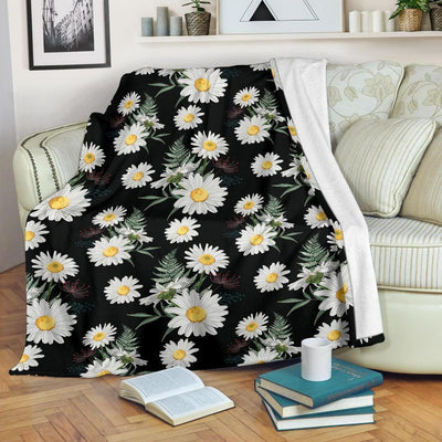 Daisy Flower Pattern In Black Background Printed Fleece Blanket