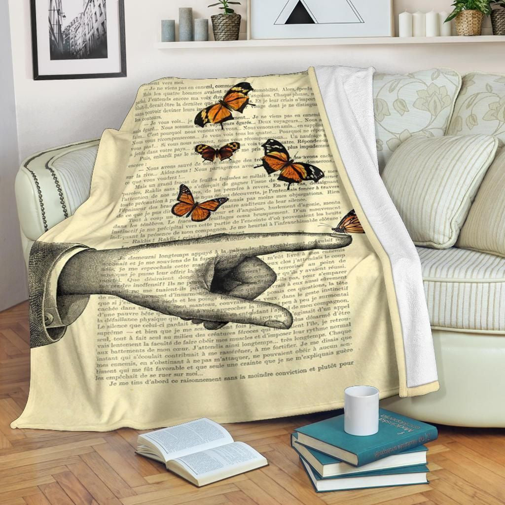 Vintage Letter Monarch Butterfly Printed Fleece Blanket