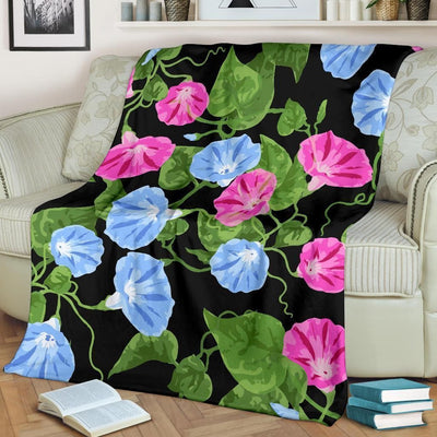 Morning Glory Pattern Print Design Black Fleece Blanket
