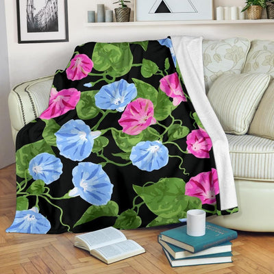 Morning Glory Pattern Print Design Black Fleece Blanket