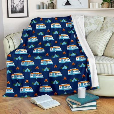 Camper Pattern Camping Themed Dark Blue Print Fleece Blanket