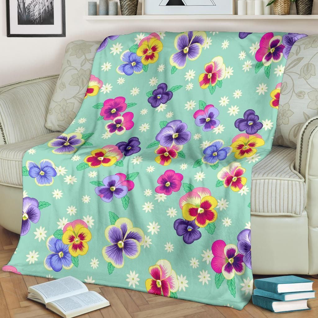 Colorful Pansy Flower Pattern Printed Fleece Blanket