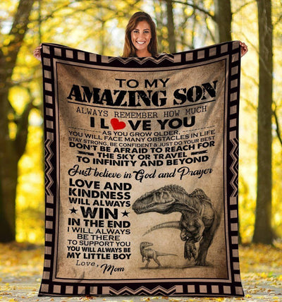 To My Amazing Son Dinosaur Mom And Son Printed Fleece Blanket