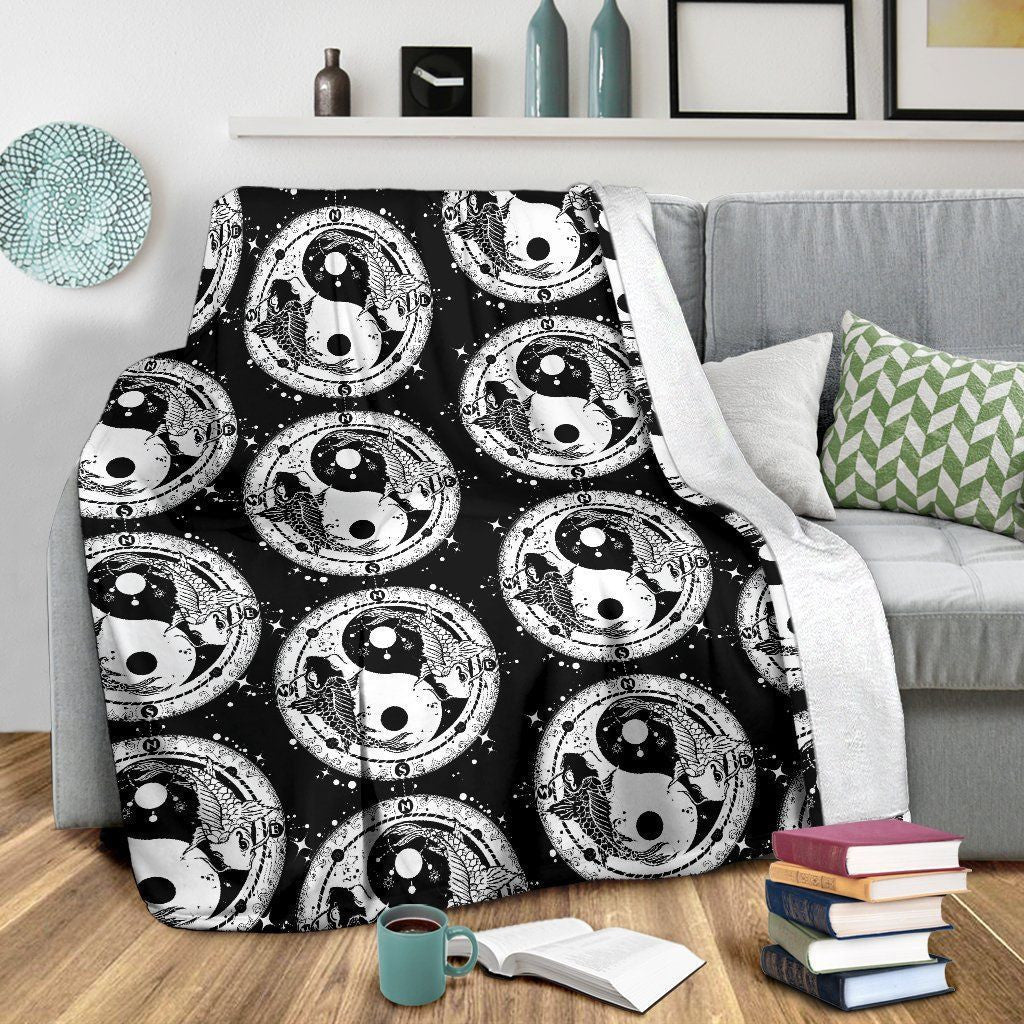 Yin Yang Koi Fish Black And White Fleece Blanket