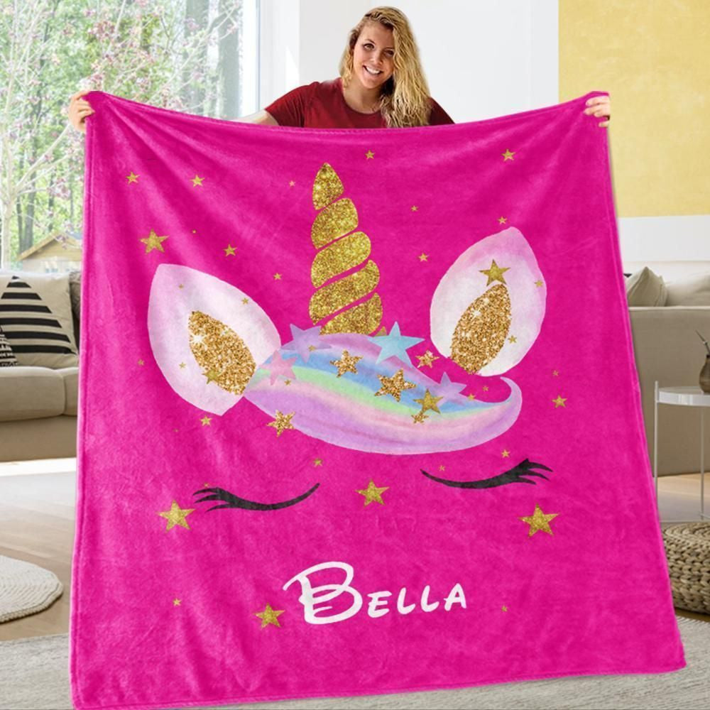 Magic World Pink Unicorn Fleece Blanket Custom Name