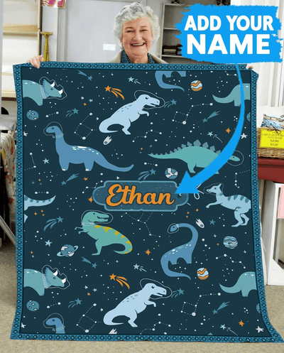 Ethan Dinosaur Space Custom Name Printed Fleece Blanket
