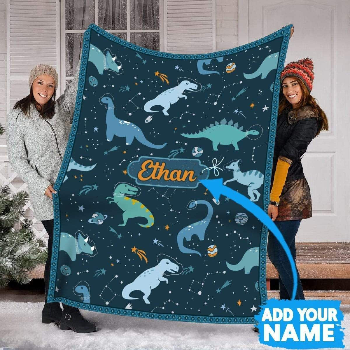 Ethan Dinosaur Space Custom Name Printed Fleece Blanket