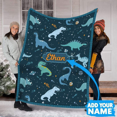 Ethan Dinosaur Space Custom Name Printed Fleece Blanket