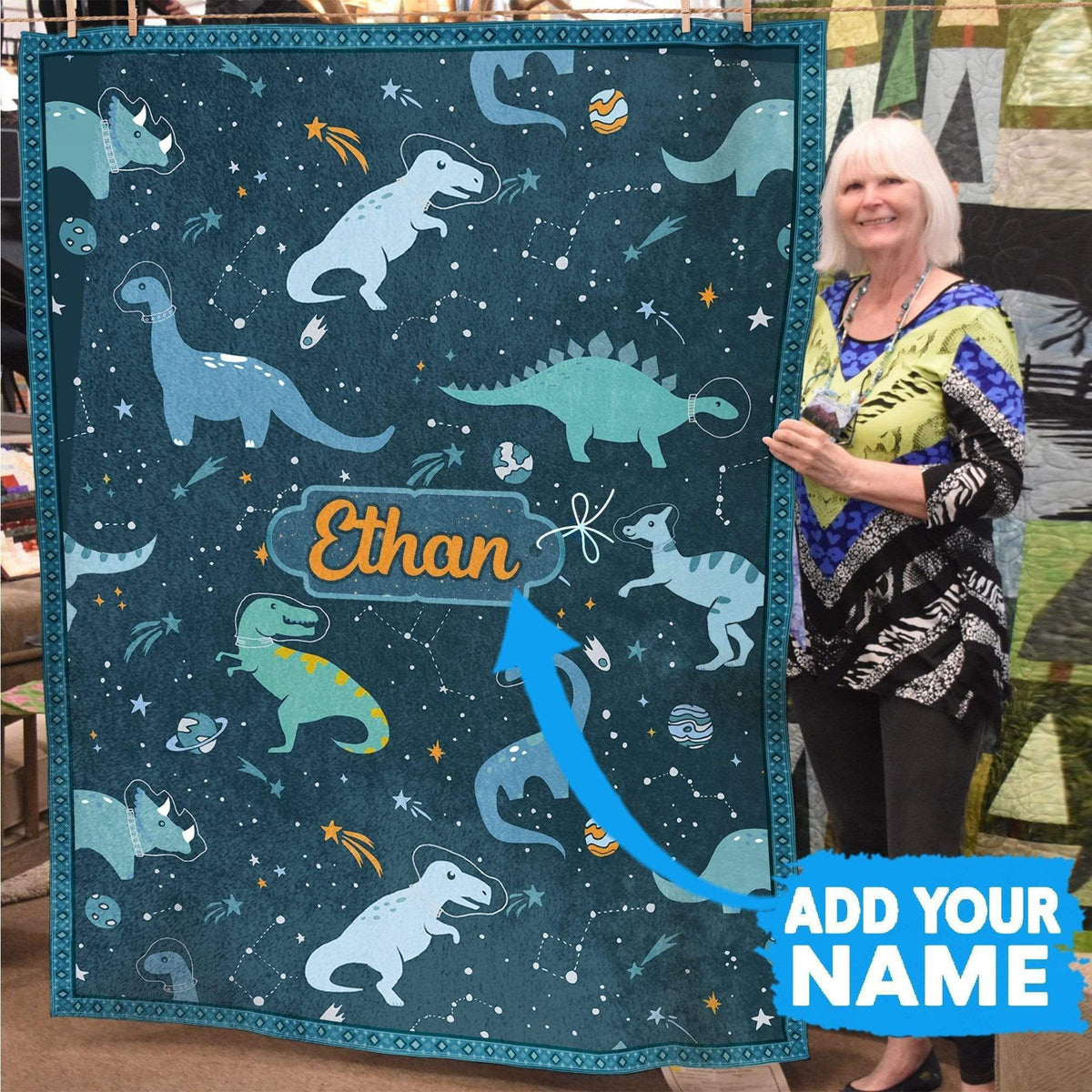 Ethan Dinosaur Space Custom Name Printed Fleece Blanket