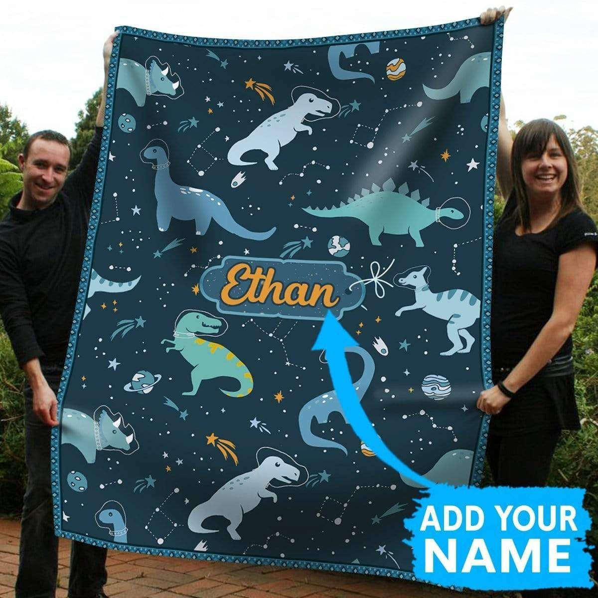 Ethan Dinosaur Space Custom Name Printed Fleece Blanket