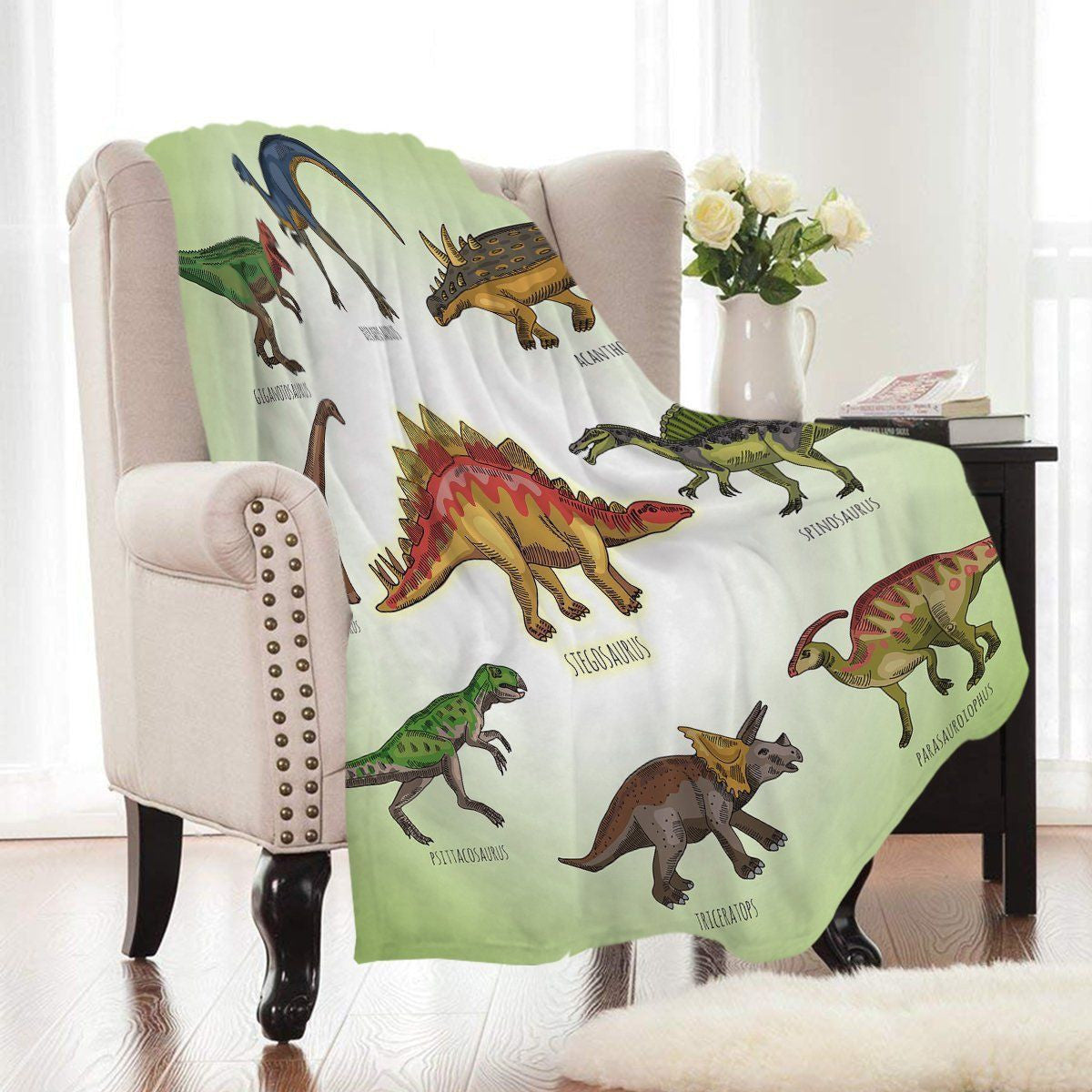 Green Prehistoric Dinosaur Printed Fleece Blanket