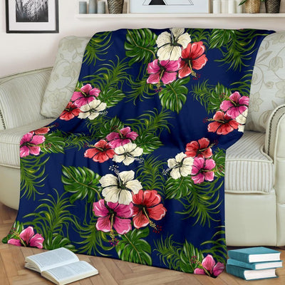 Hibiscus Pattern Print Design Dark Blue Fleece Blanket