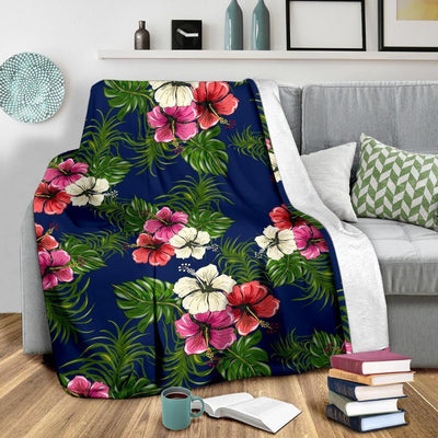 Hibiscus Pattern Print Design Dark Blue Fleece Blanket