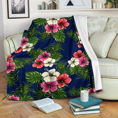 Hibiscus Pattern Print Design Dark Blue Fleece Blanket