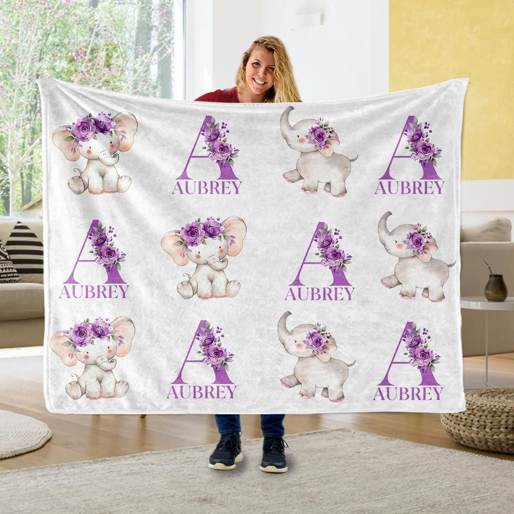 Cute Floral Elephant Custom Name Fleece Blanket