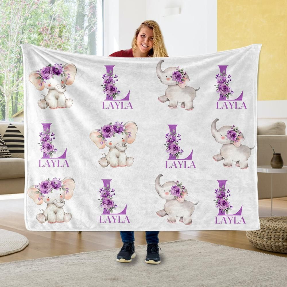 Cute Floral Elephant Custom Name Fleece Blanket