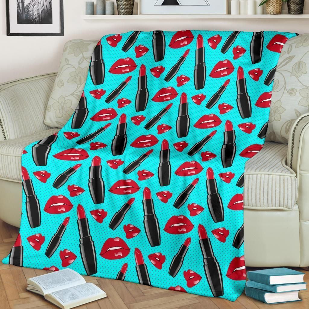 Red Hot Lips And Lipstick Pattern Print Design Mint Fleece Blanket