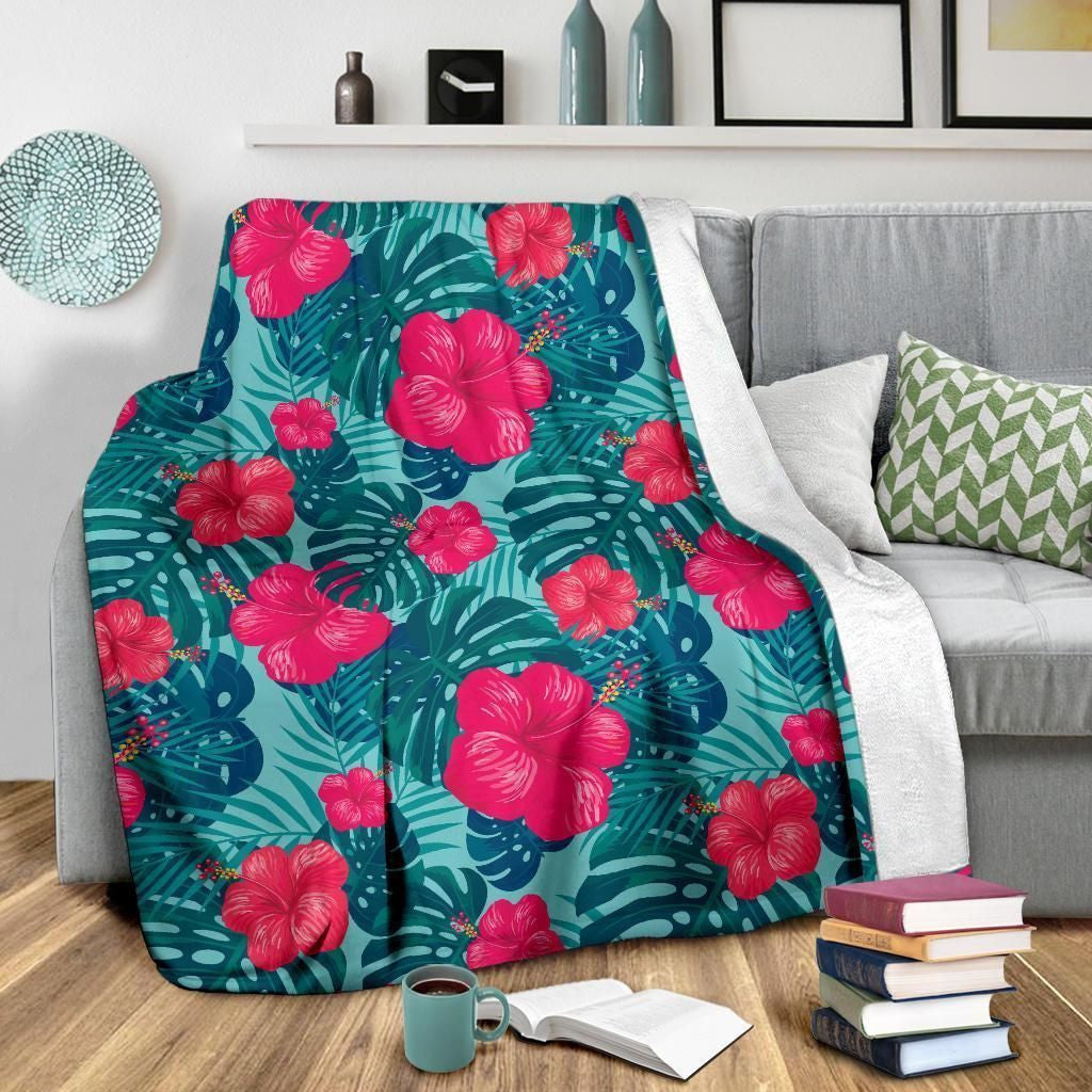 Cool Red Hibiscus Pattern Print Design Fleece Blanket