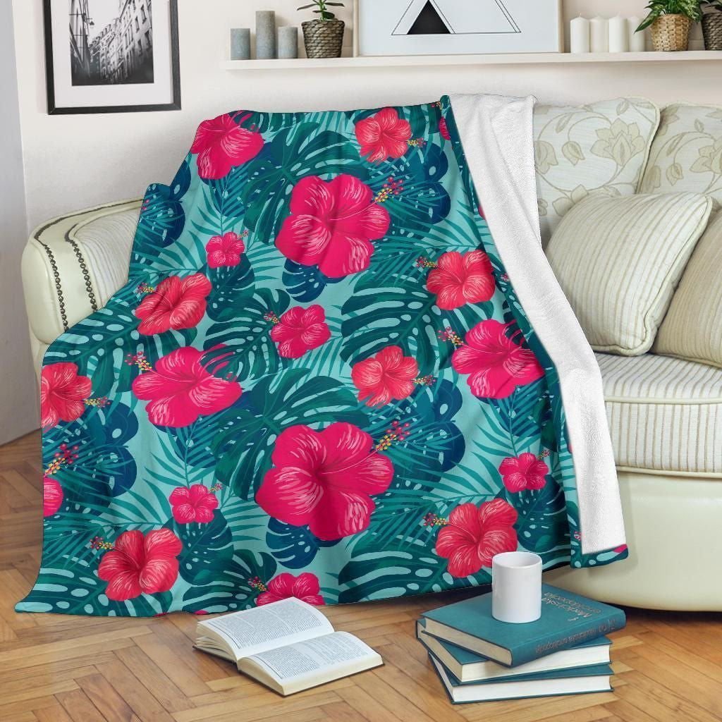 Cool Red Hibiscus Pattern Print Design Fleece Blanket