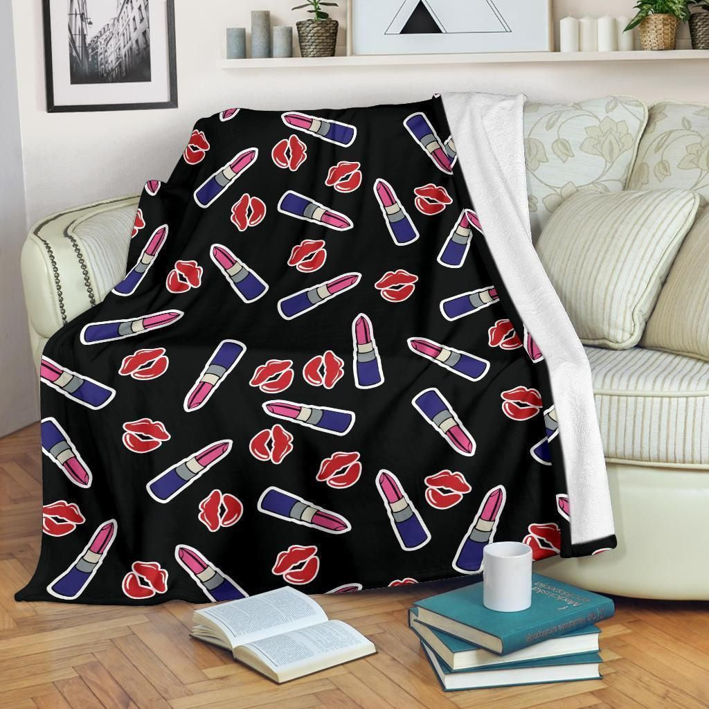 Sexy Lips And Lipstick Pattern Print Design Fleece Blanket