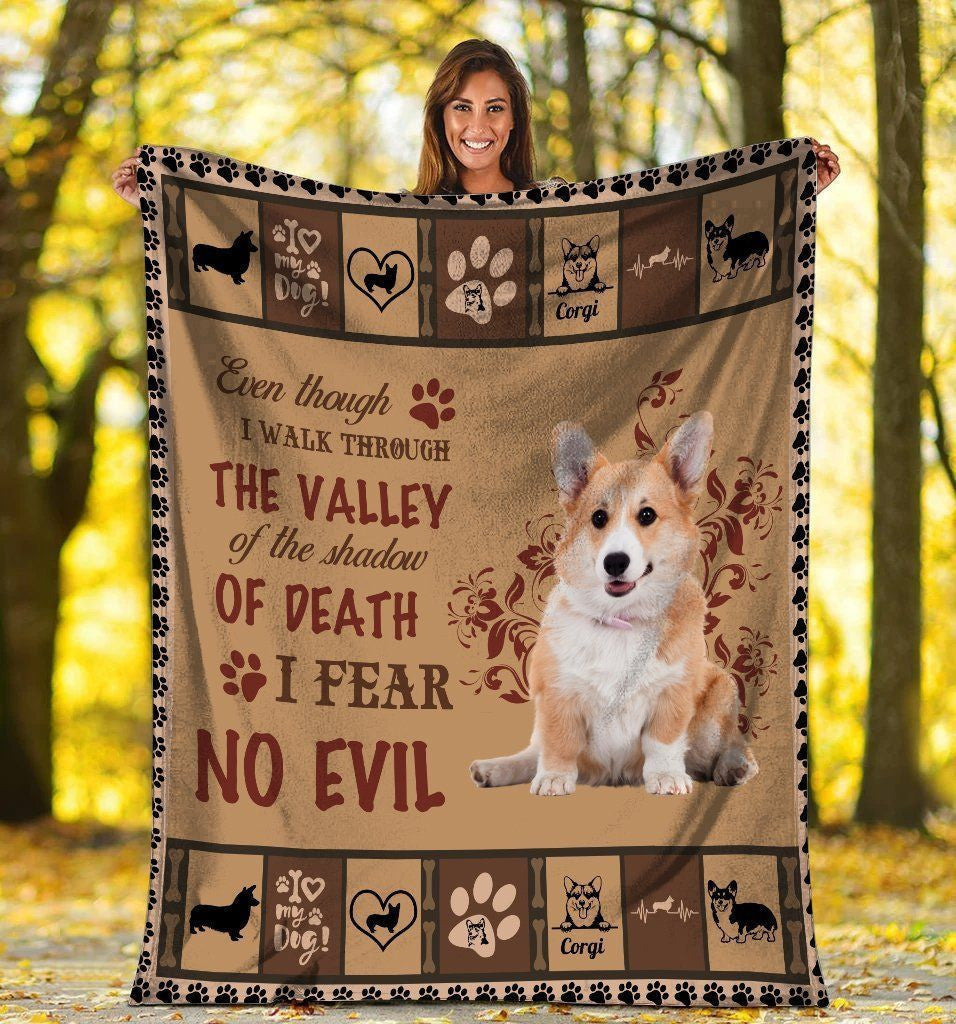 Even Though I Walk Through The Valley Corgi Dog Fleece Blanket