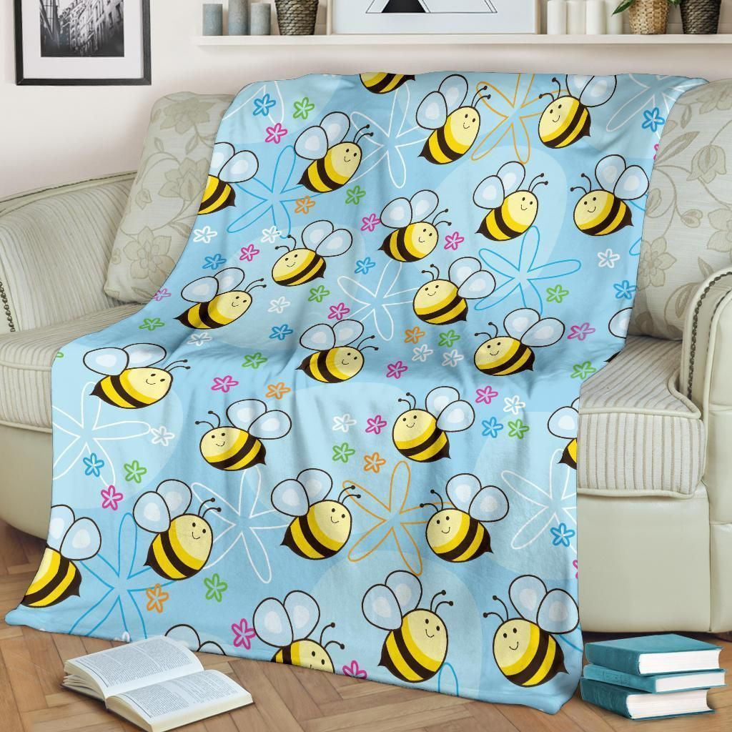 Bee Pattern Print Design Blue Fleece Blanket