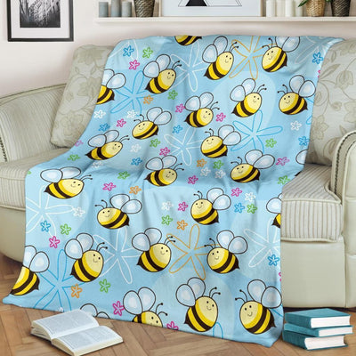 Bee Pattern Print Design Blue Fleece Blanket