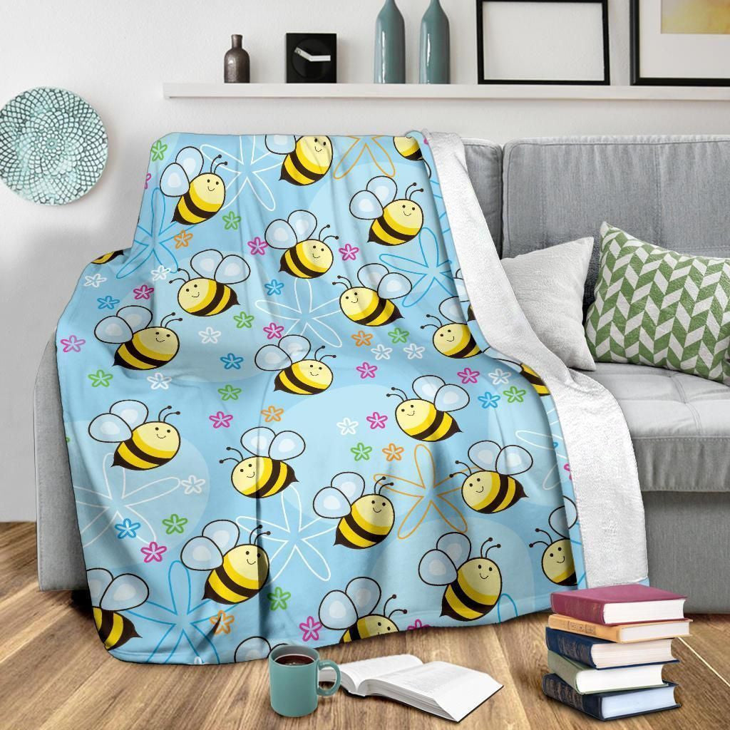 Bee Pattern Print Design Blue Fleece Blanket
